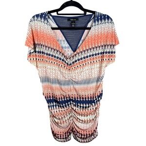 Style & Co Blouse Women L Multi Color Geometric Ruched V-Neck Cap Sleeve